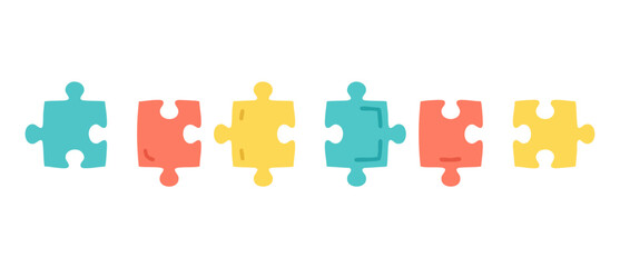 Naklejka premium Colorful Jigsaw Puzzle Pieces Isolated on White Background, Minimalist Flat Vector Icons Set Representing Strategy, Teamwork, Problem Solving, Connection, Logic and Business Idea Development Concepts