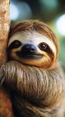 Fototapeta premium A cute sloth, smiling, hugs a tree trunk, providing a soothing backdrop for content on wildlife protection and biodiversity conservation.