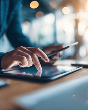 Close-up of hands using latest technology devices and modern digital tools in contemporary business workflow capturing modern workplace technology innovation and inspiring digital productivity concept