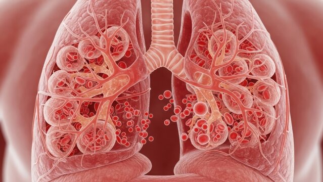 Detailed 3d illustration of human respiratory system highlighting bronchi and alveoli