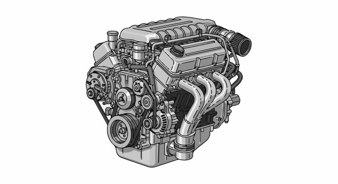 Detailed illustration of a complex internal combustion engine with multiple components
