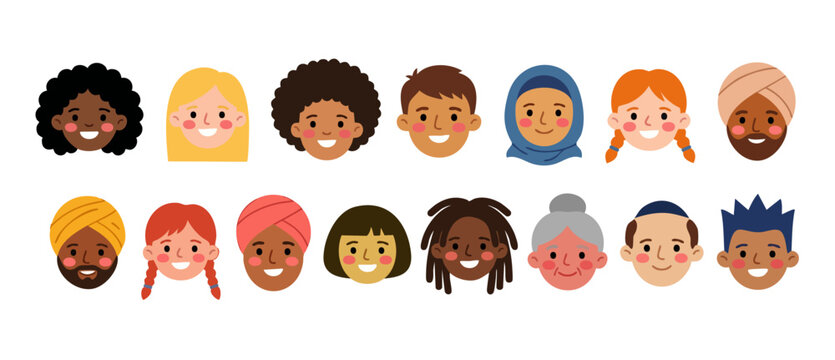 Diverse People Faces Avatar Set Flat Design Multicultural Character Icons for Social Media and Community Apps Showing Inclusion Equality Unity and Global Human Representation in Vector Illustration St