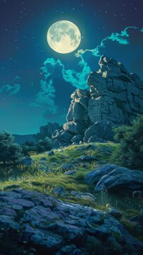 The mysterious moonlight bathes the rocky landscape, creating a magical backdrop for the covers of fantasy books or mystical tales.