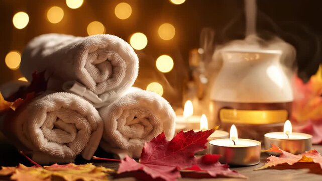 Autumn spa arrangement featuring rolled white towels, burning tea light candles, ceramic essential oil diffuser with rising steam, and red maple leaves on a dark wooden surface.