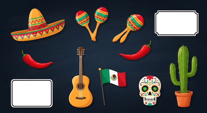 mexican fiesta elements with sombrero maracas and chili peppers high quality