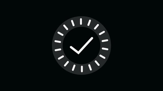 Motion background animation of checkmark and clock for app and game interface design. Black white seamless loading animation featuring checkmark success and progress clock.