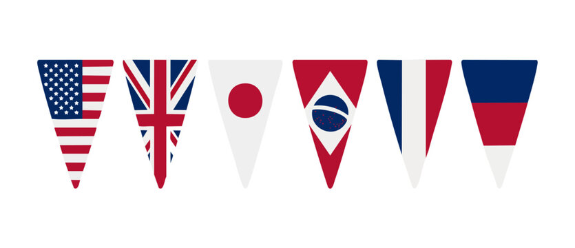 International Flags Bunting Pennants Collection Set for Global Events and World Celebration Concept isolated on white background for patriotic decoration, sports tournaments, and diplomatic summit the