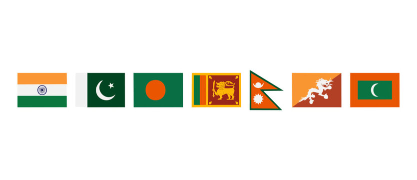 South Asian Flags Set: India, Pakistan, Bangladesh, Sri Lanka, Nepal, Bhutan, and Maldives National Flags arranged in a row, representing political unity, international relations, and regional geograp