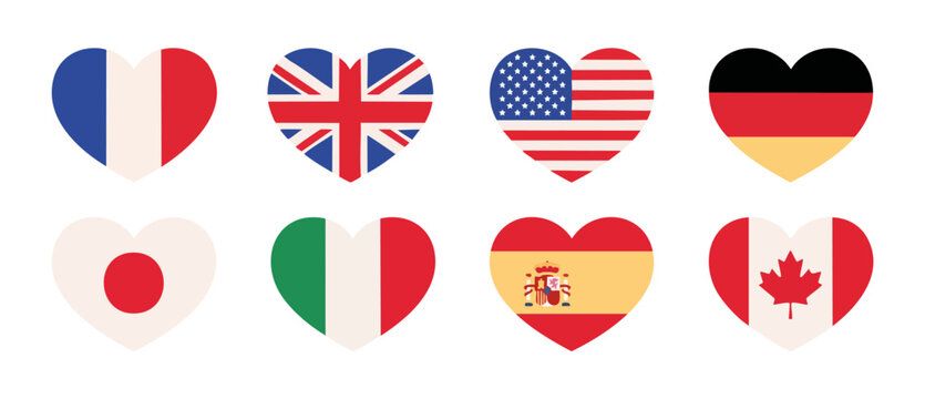 World Country Flags Heart Icons Set, Global National Symbols Collection for Travel and Diplomacy Design, International Cultural Identity Graphic Elements Isolated on White Background for Web and Socia