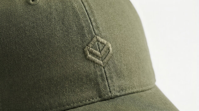 A close-up view of a green baseball cap with a logo on the front panel