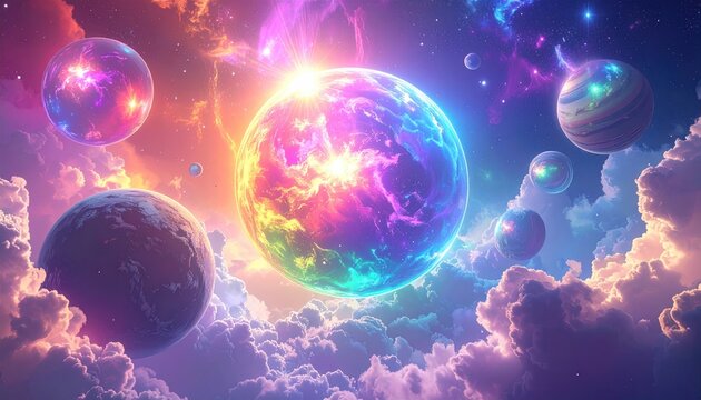 Cosmic scene of colorful planets floating among clouds, bright core