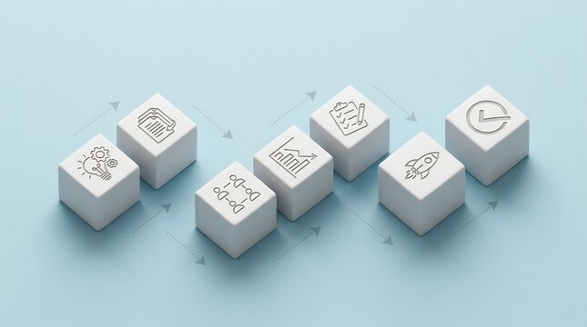 Icons of innovation, research, and rocket launches printed on white cubes arranged in a workflow sequence signify project development phases and business growth milestones for strategy planning.