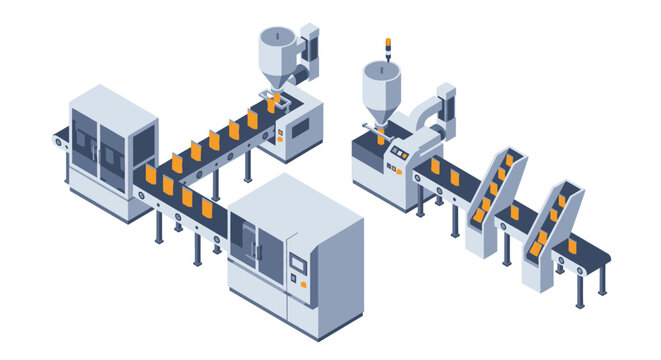 Isometric illustration of a modern automated production line with packaging.