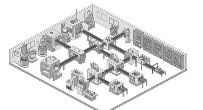 Isometric view of a modern industrial factory with automated machinery and equipment.