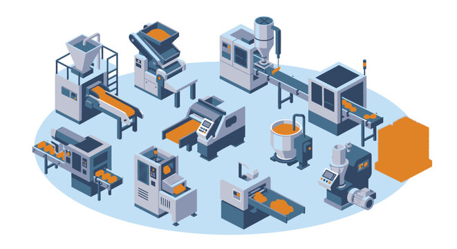 Isometric illustration of industrial machinery and automated production processes.