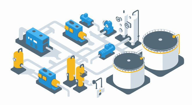 Isometric illustration of a water treatment plant with tanks and pipes.