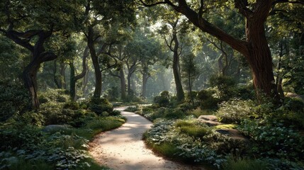 Obraz premium Winding forest path bathed in soft morning sunlight