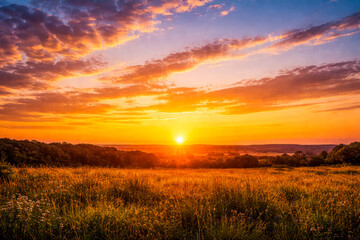 Fototapeta premium Vibrant sunset paints the sky with fiery orange and pink clouds over a golden field