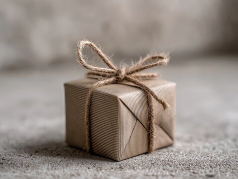 Small square gift box wrapped in brown paper and tied with simple rustic jute twine string