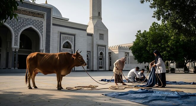 Cow tethered near mosque people.
