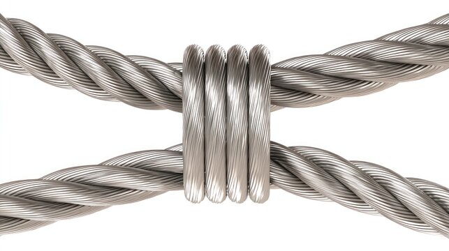 Intertwined metal cables with central binding against a clean white background