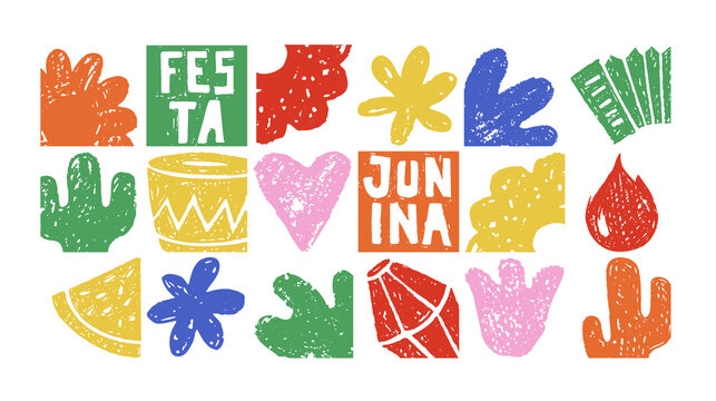 Festa Junina carnival border with crayon icons of summer festival. Music party icons with accordion, bonfire, flower and lantern drawn with bright chalk, vector illustration