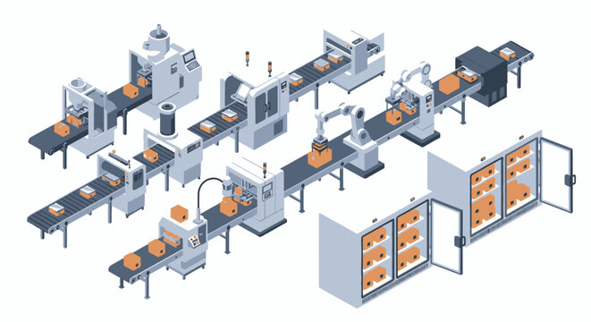 Automated production line with robotic arms and conveyor belts for manufacturing and packaging goods, showcasing industrial efficiency and modern technology.