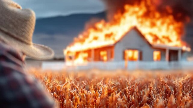 Burning House Scene: A poignant scene of a house engulfed in flames, witnessed by a figure in a hat, emphasizing the devastating effects of property damage.