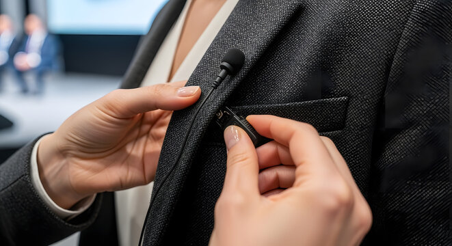 a person in a business suit putting on a lavalier microphone close up business attire close up detail. AI generated image