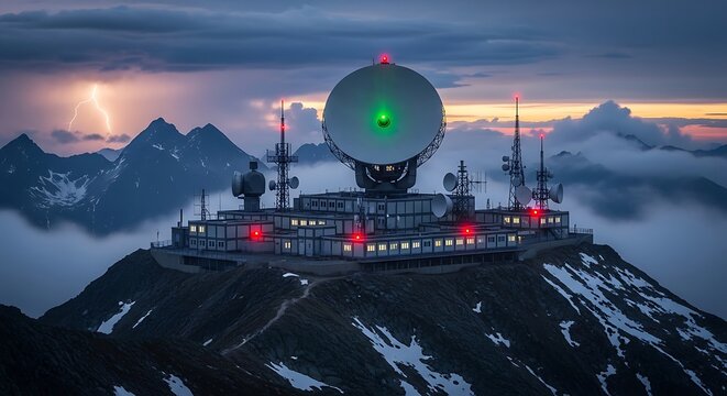 Radar station on mountain peak.