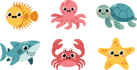 Fototapeta premium Cute sea animal collection vector illustration, featuring shark, turtle, octopus, crab, pufferfish, and starfish, isolated on white background.