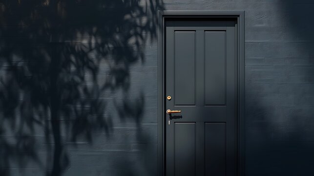 Dark wooden door with frosted glass panel in aged stone wall