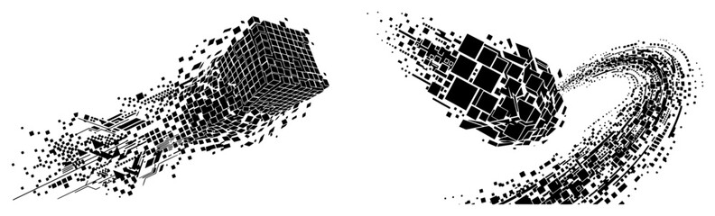 Shattering geometric cube and flying asteroid with digital debris trails © Anna