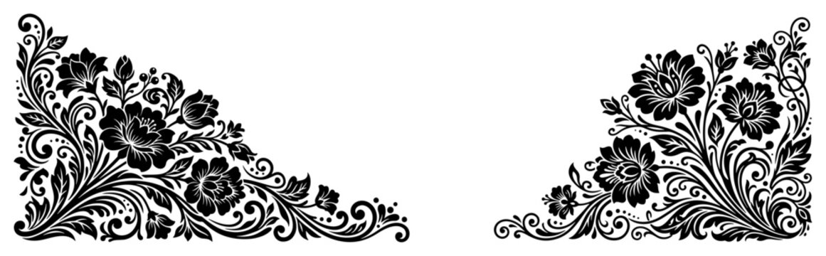 Traditional folk floral corner vignettes with decorative blooming motifs in ethnic ornamental style