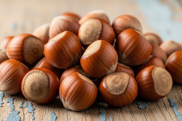 Obraz premium Pile of Fresh Whole Hazelnuts in Shell on Rustic Wooden Table, Autumn Harvest Food Photography