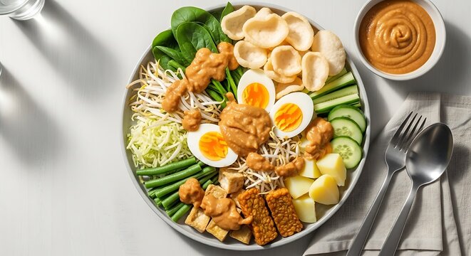 Authentic Indonesian Gado-Gado Salad with Peanut Sauce, Tofu, Tempeh, and Boiled Eggs