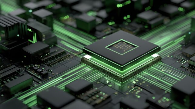 Futuristic microchip with glowing green circuits data flow