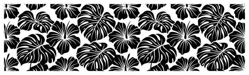 Monstera leaves and hibiscus flowers composition in bold black and white floral style © Anna