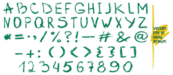 Hand drawn font with crayon texture. Set of doodle English green letters, numbers and punctuation marks written with colored chalk Kids alphabet vector illustration isolated on transparent background © EgorTopor