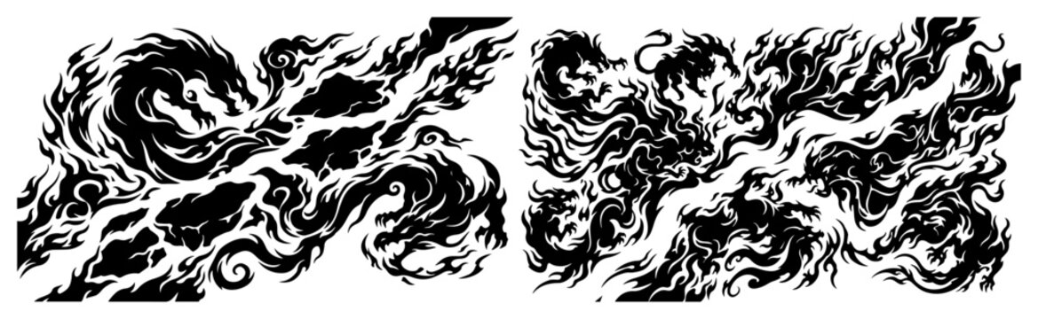 Asian dragon silhouette with swirling smoke and fire in traditional tattoo style