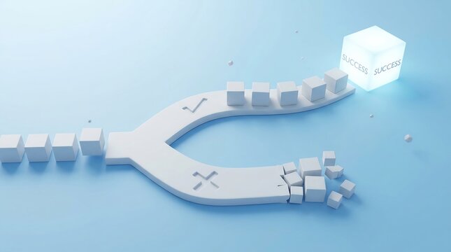 Decision path made of white blocks splits into two directions, showing a successful route leading to a glowing goal cube versus a failed route that disintegrates into rubble and broken fragments.