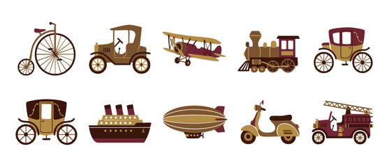 Vintage Transportation Icons Set, Retro Vehicles Collection including Antique Car, Train, Bicycle, Airplane, Steamboat and Carriage for Travel and History Design Projects with Flat Vector Illustration © Fernando