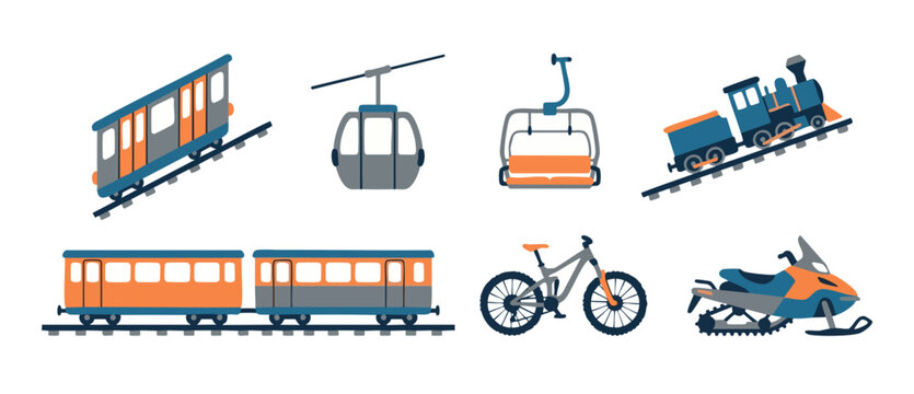 Transportation set icons: funicular, cable car, chairlift, steam train, passenger train, mountain bike, and snowmobile for winter sports, travel, tourism, recreation, and mountain resort logistics fla