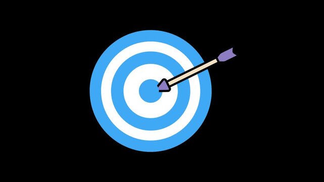 Seamless looping arrow hitting a target face animation on a transparent alpha channel. Success and goal achievement motion graphic for sports, strategy, and business objectives
