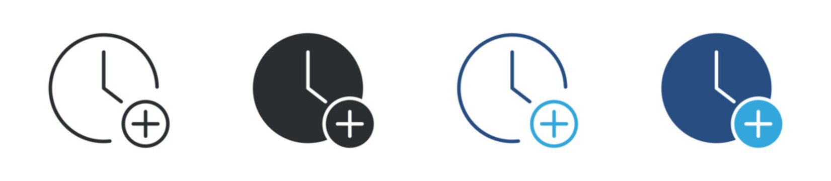 Extra hour icon set. clock with plus symbol. overtime and time extension concept. vector illustration.