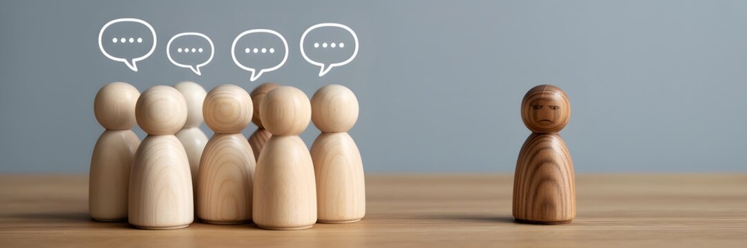 Social exclusion concept a dark-skinned wooden figure isolated from a group of light-skinned talking dolls, symbolizing discrimination and communication barriers