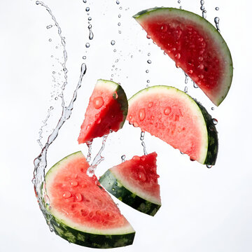 falling watermelon slices isolated on white background