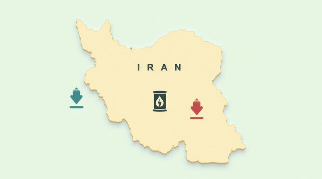 Mapa de Ir&aacute;n con dise&ntilde;o plano, iconos de barriles de petr&oacute;leo y flechas hacia abajo, estilo infogr&aacute;fico limpio