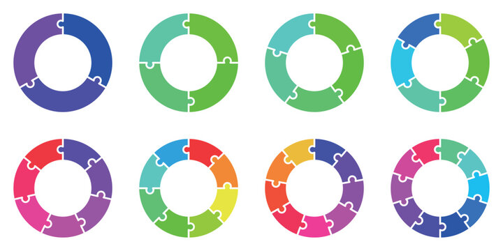 Colorful circular jigsaw puzzle segments in a 2x4 grid layout, symbolizing teamwork and strategy