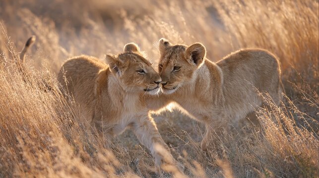 tussle. Two lion cubs playfully tussling on sunlit African savanna grass. wildlife magazines, conservation campaigns, designed for wildlife conservation campaigns, used by sports marketers.